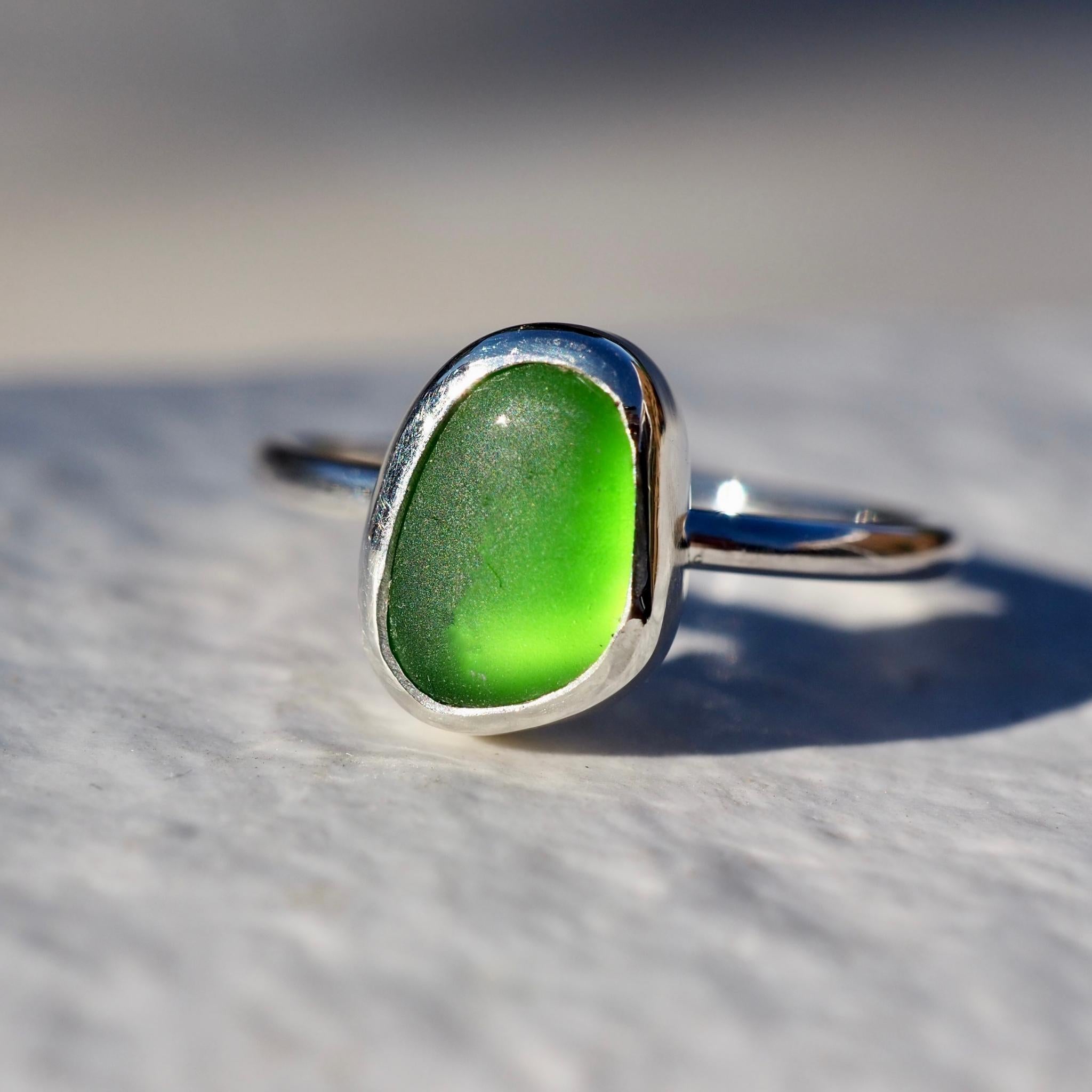 Emerald Green Sea Glass Ring - Size K 1/2