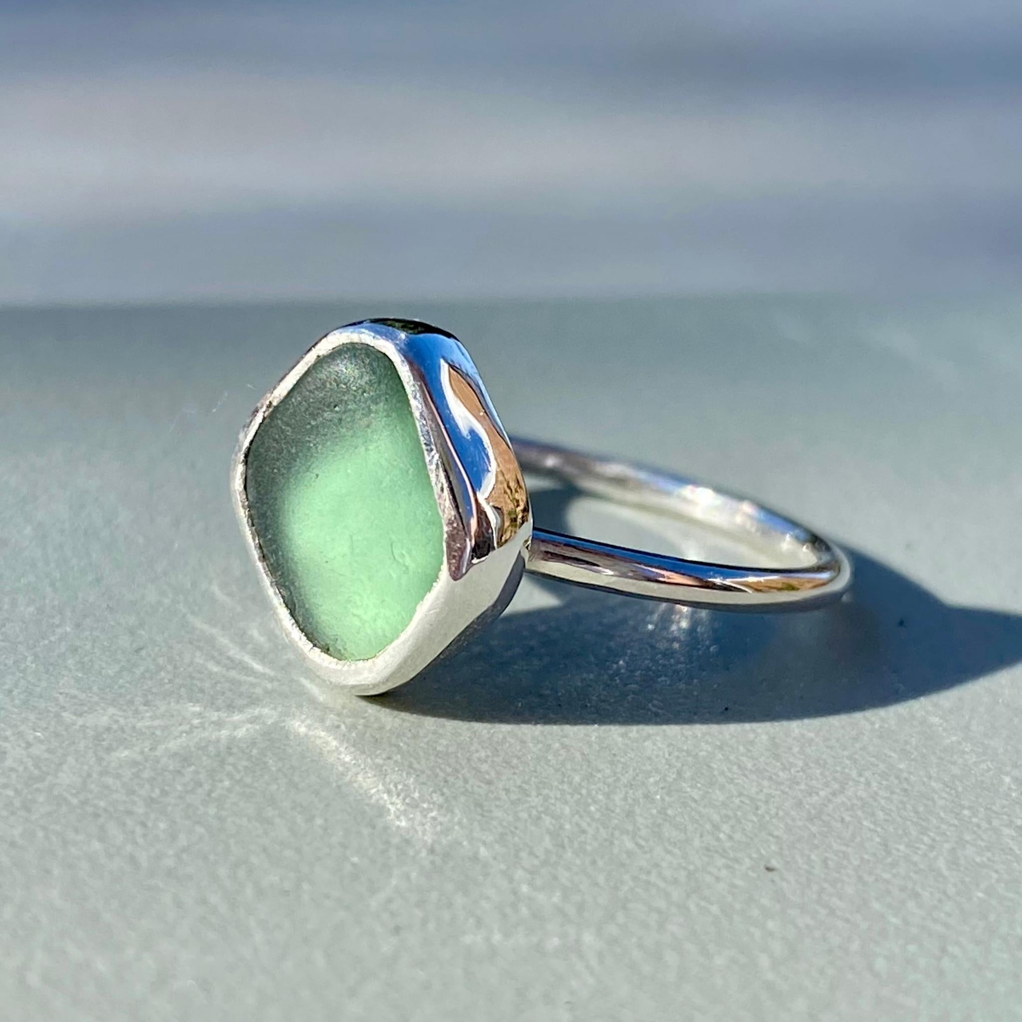 Light Teal Grey Sea Glass Ring - Size N