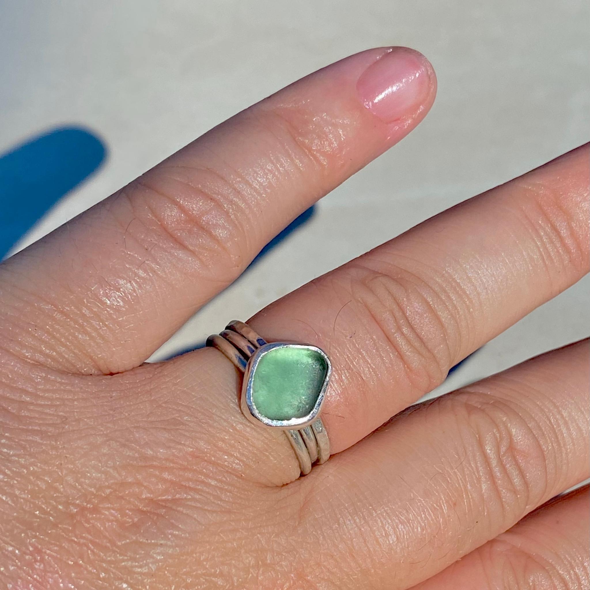 Light Teal Grey Sea Glass Ring - Size N