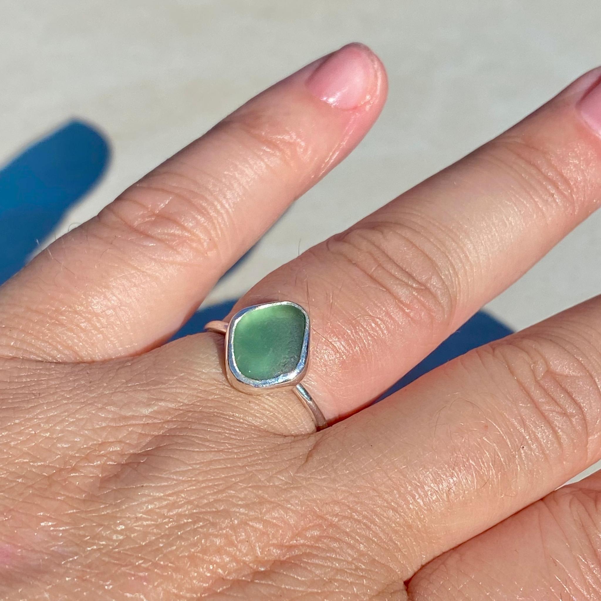 Light Teal Grey Sea Glass Ring - Size N