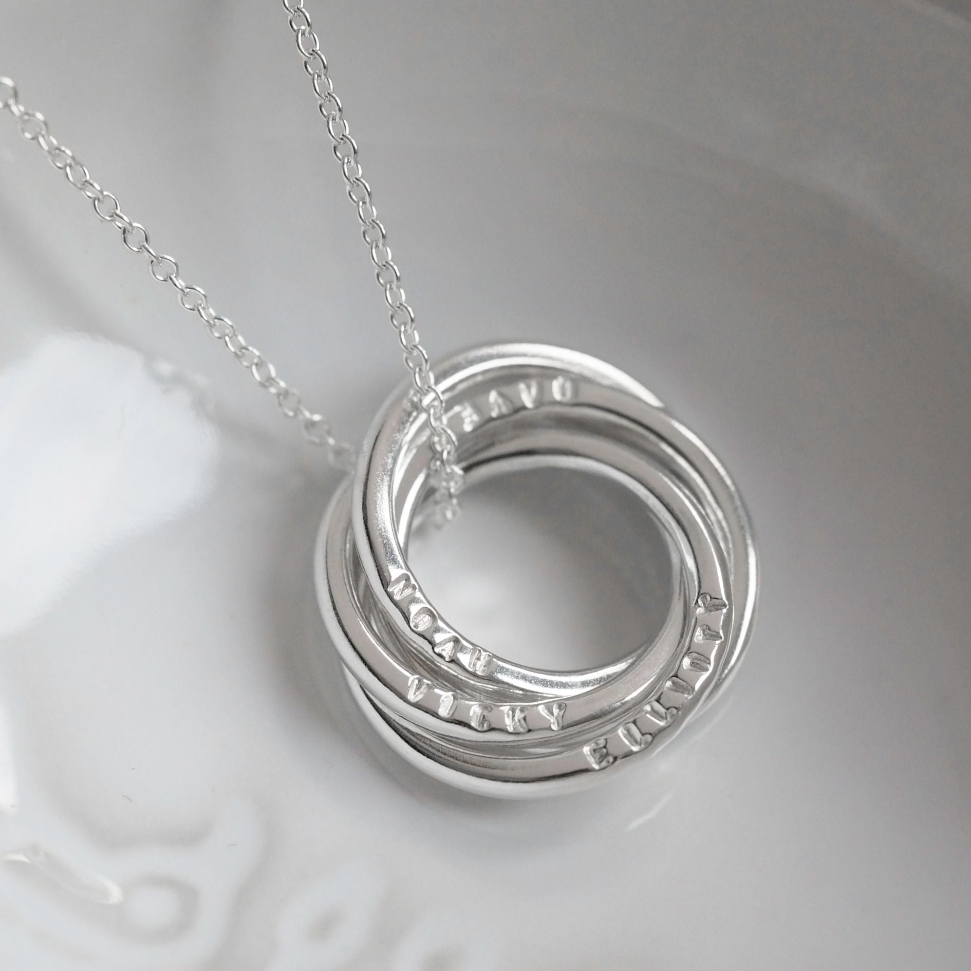 Sterling Silver Four Ring Interlocking Family Name Necklace