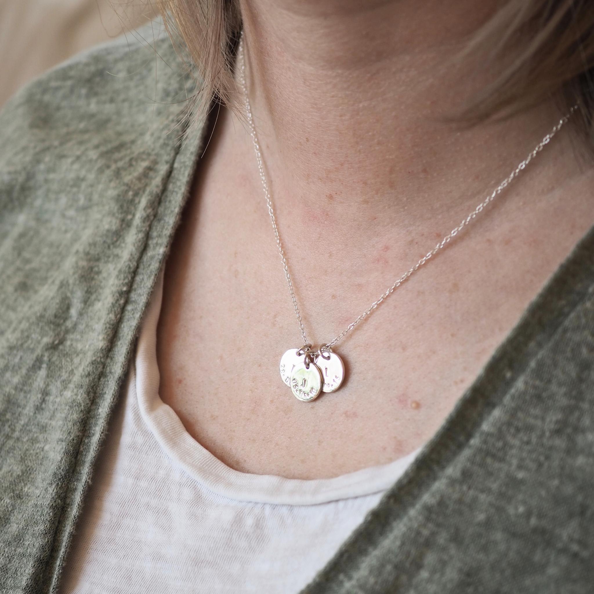 Three-disc initial and date necklace in sterling silver