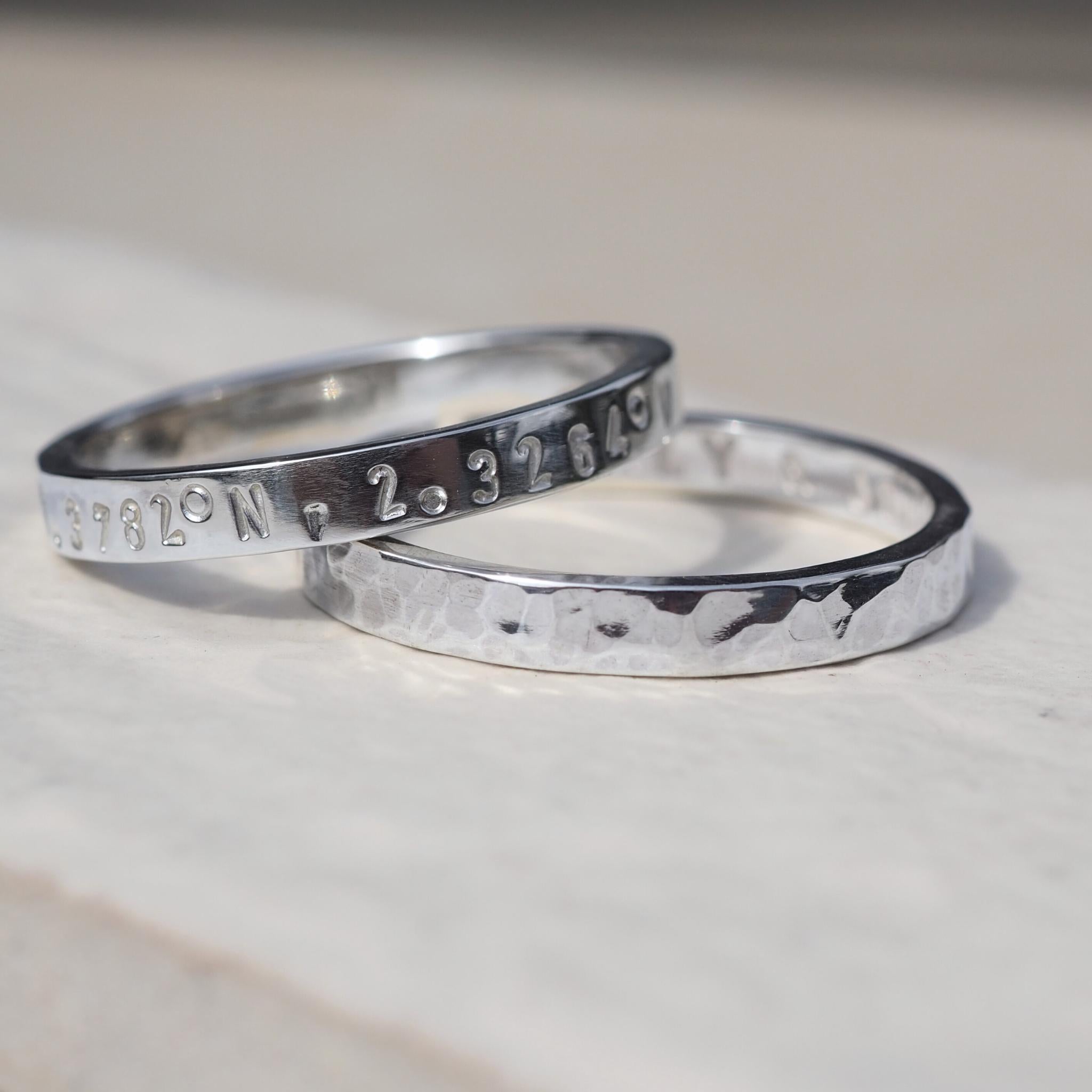 Sterling Silver Hammered Stacking Rings personalised with hand stamped coordinates