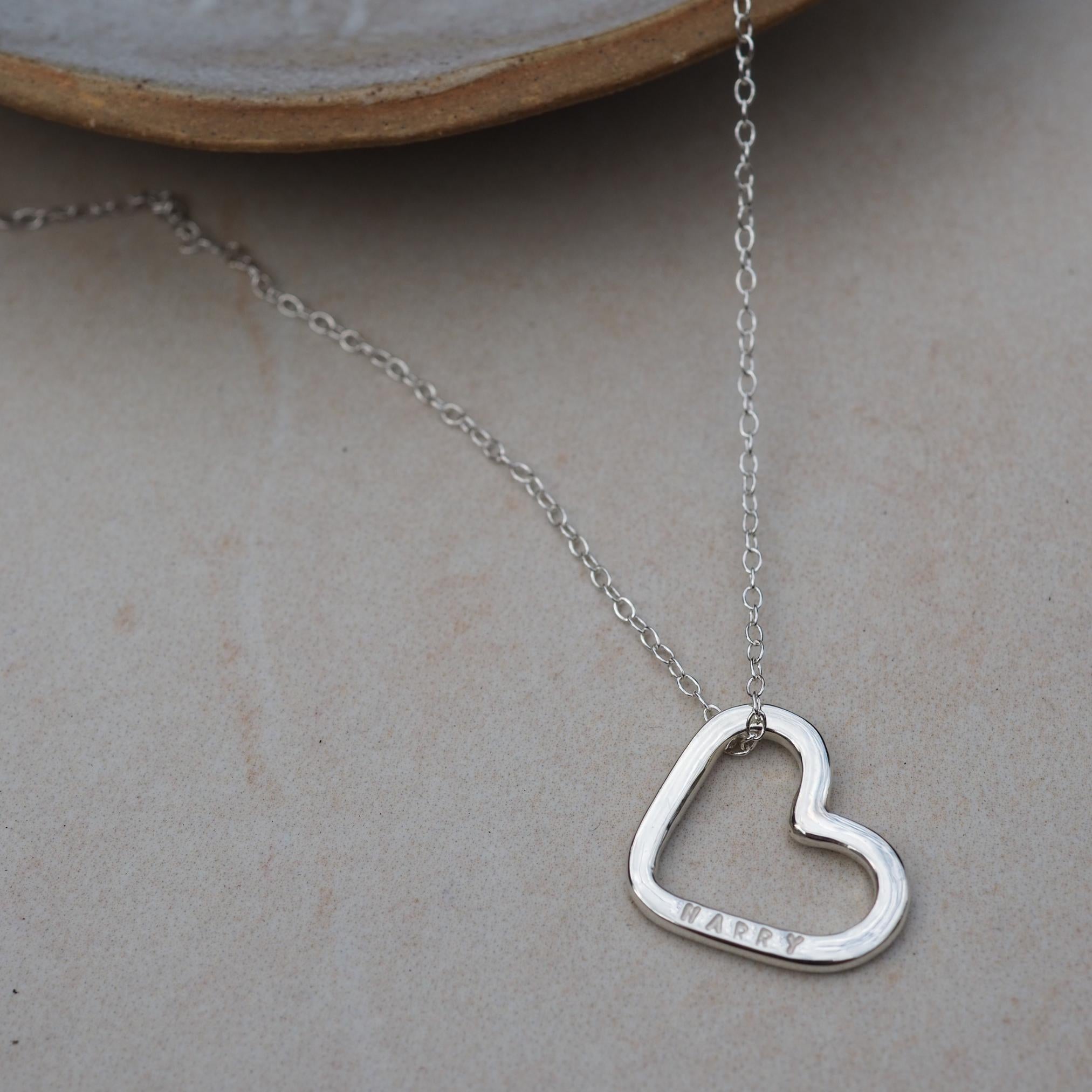 Hand-stamped open heart necklace, personalised with a name