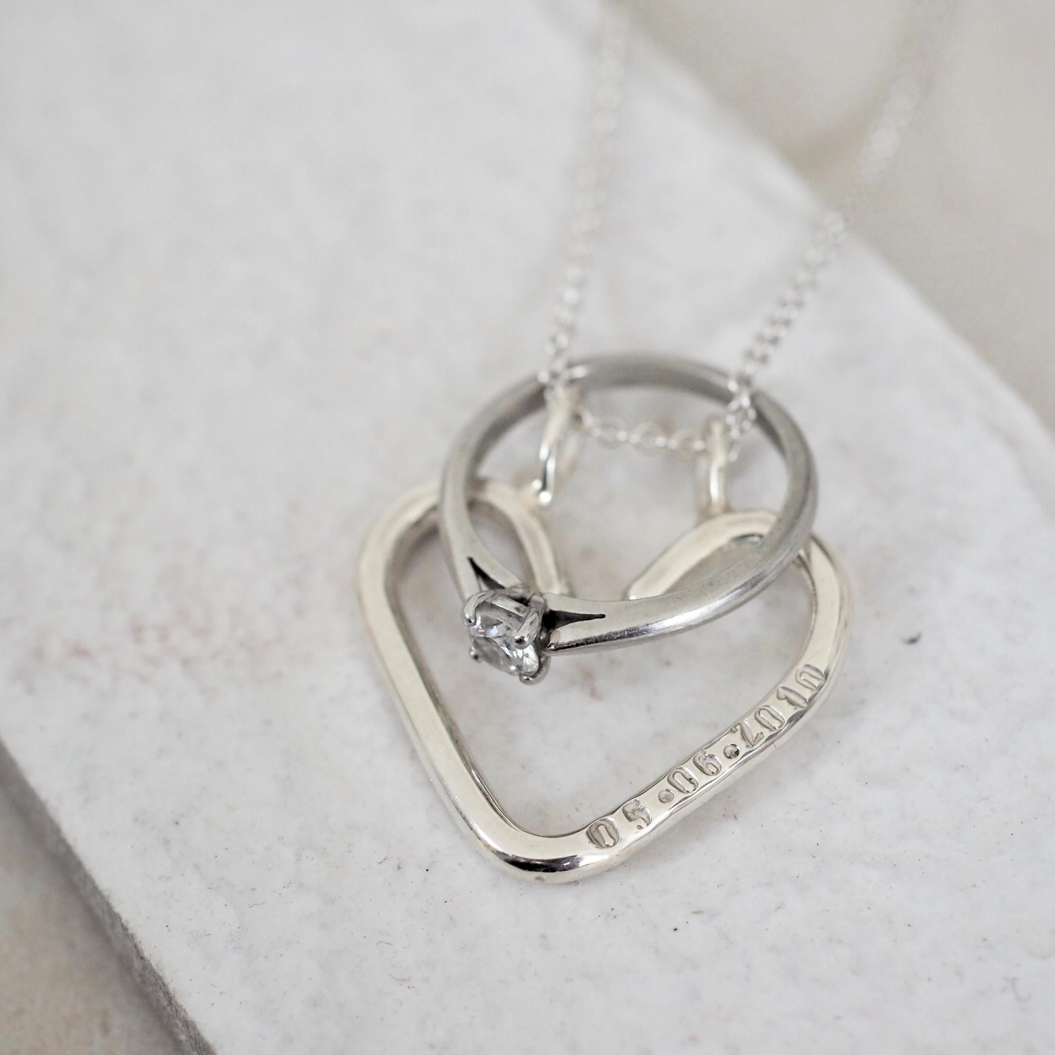 Personalised heart ring keeper necklace, silver, secures rings when they can’t be worn