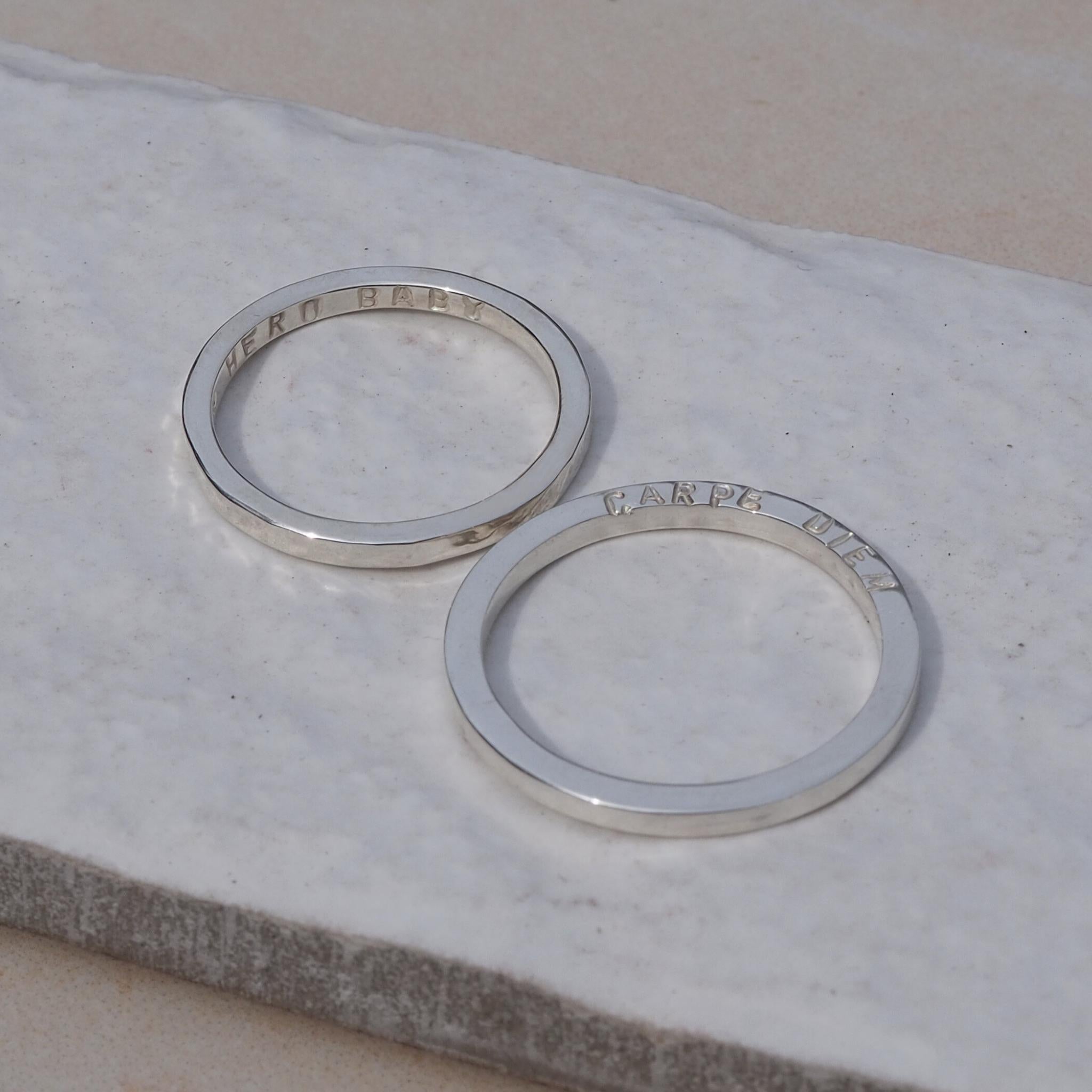 Sterling silver rings with handstamped personalisation