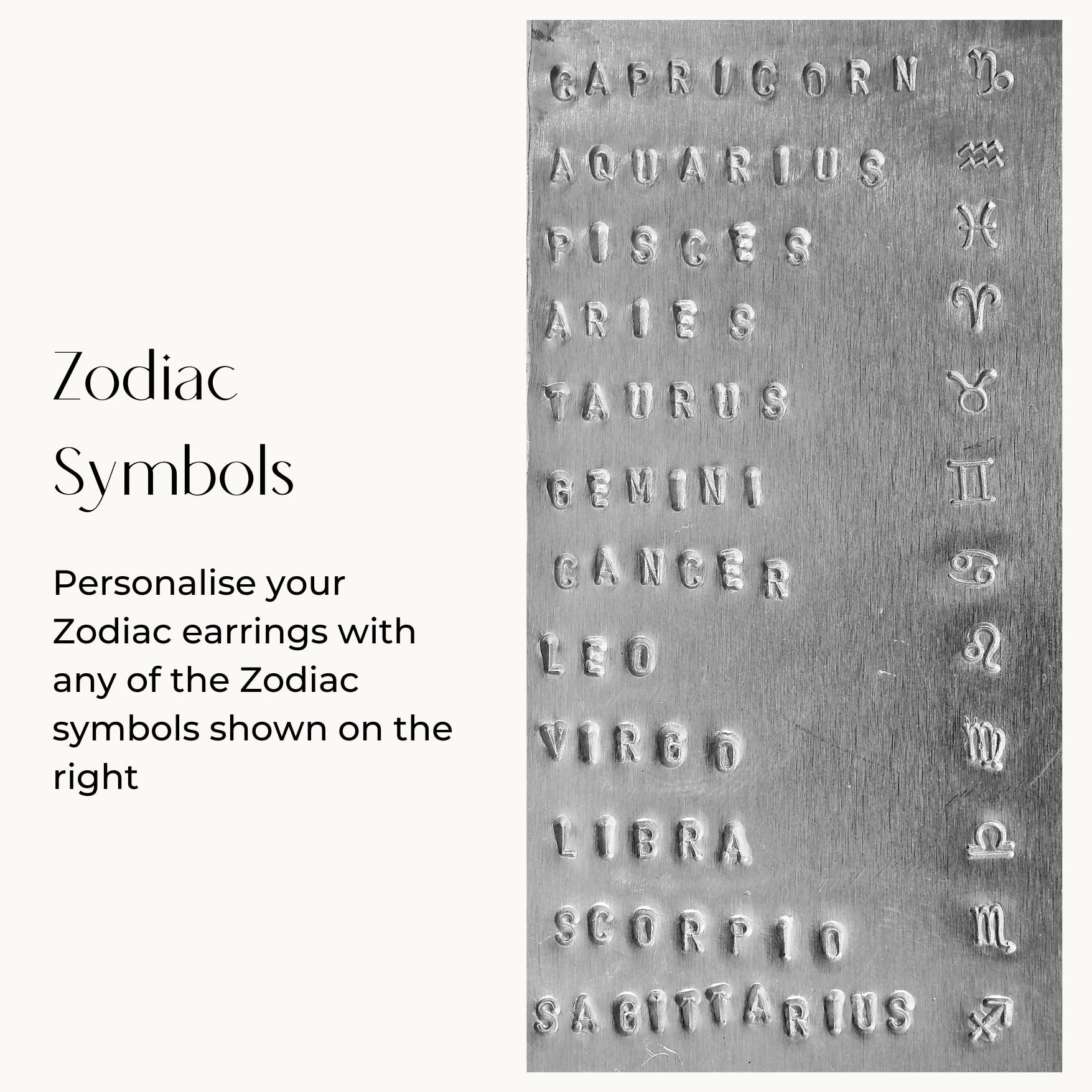 Guide showing available zodiac symbols for customising Organic Zodiac Stud Earrings